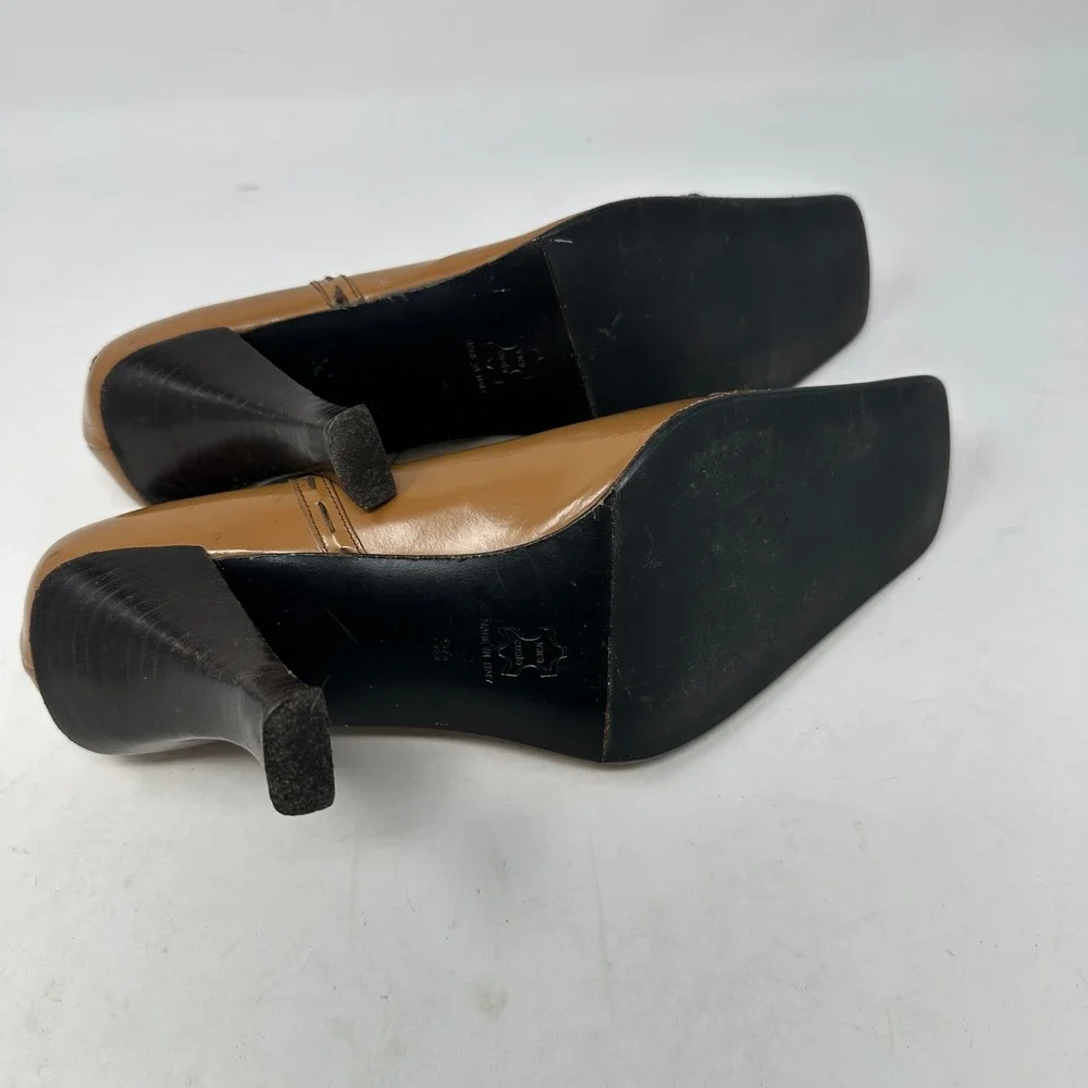 FABI Square Toe Pumps Womens 38 Tan Patent Leather Made in Italy Fair Whipstitch
